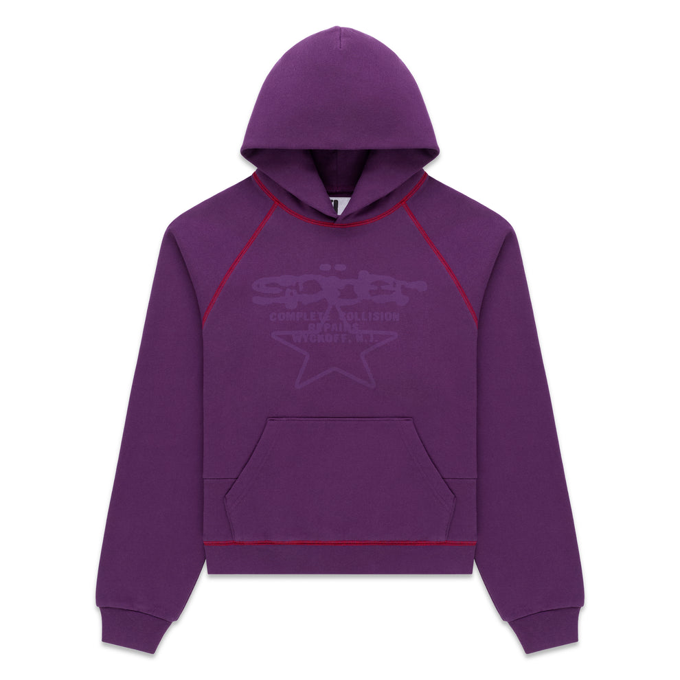 Purple 13oz cotton fleece hoodie with "SPLAT COLLISION" graphic, red contrast stitching, kangaroo pocket, and rib knit trims.