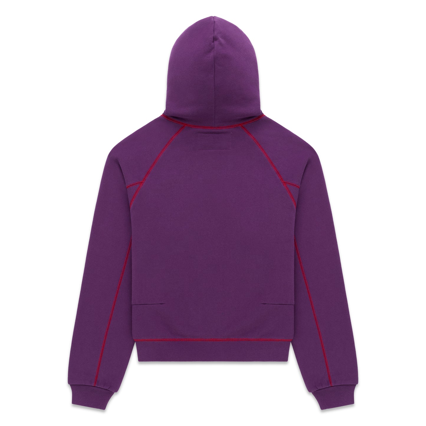 Purple 13oz cotton fleece hoodie with red contrast stitching, kangaroo pocket, rib knit hem and cuffs.