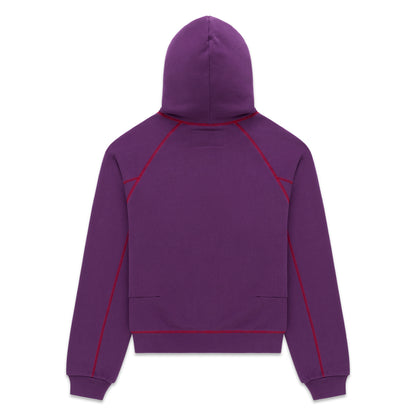 Purple 13oz cotton fleece hoodie with red contrast stitching, kangaroo pocket, rib knit hem and cuffs.