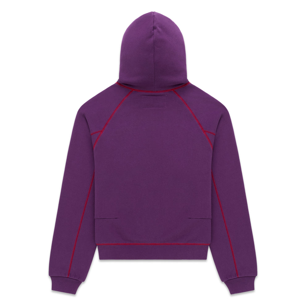 Purple 13oz cotton fleece hoodie with red contrast stitching, kangaroo pocket, rib knit hem and cuffs.