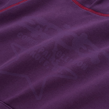 Purple 13oz cotton fleece hoodie with subtle graphic print and red contrast stitching.
