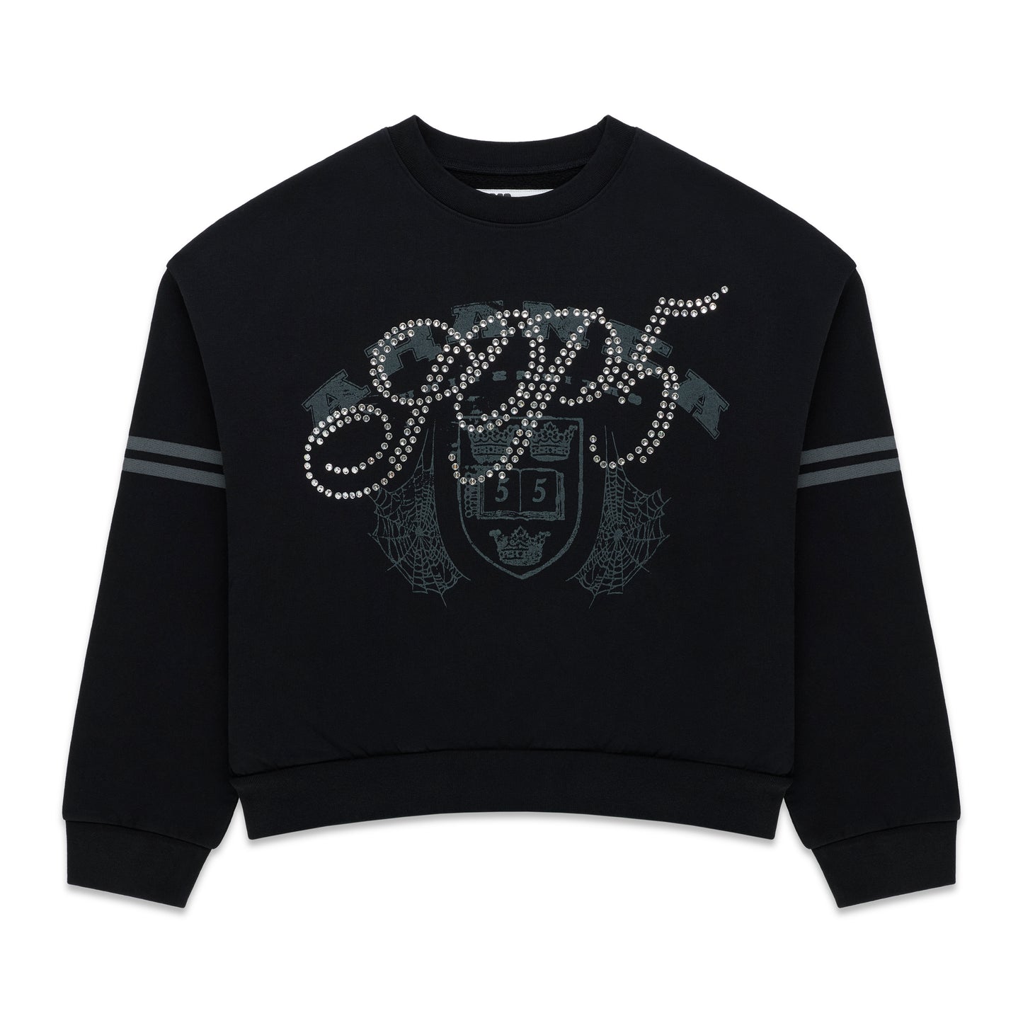 Black ARANEA CREWNECK sweatshirt with "GGDS" in rhinestones, a crest graphic, and striped sleeves.