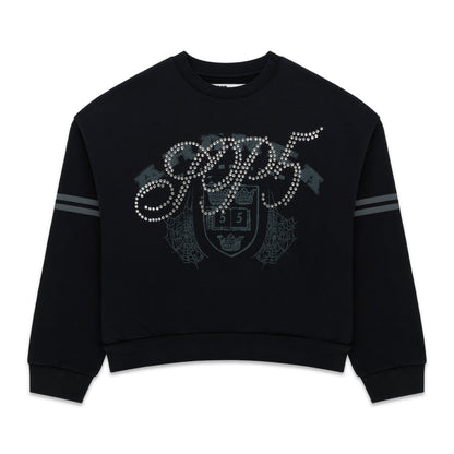 Black ARANEA CREWNECK sweatshirt with "GGDS" in rhinestones, a crest graphic, and striped sleeves.