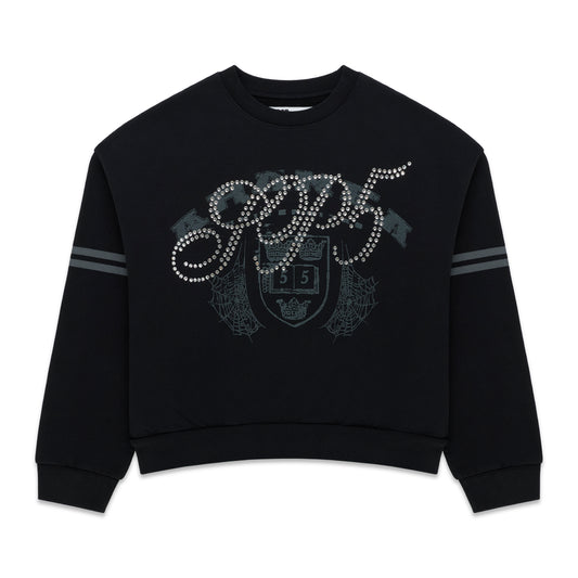 Black ARANEA CREWNECK sweatshirt with "GGDS" in rhinestones, a crest graphic, and striped sleeves.
