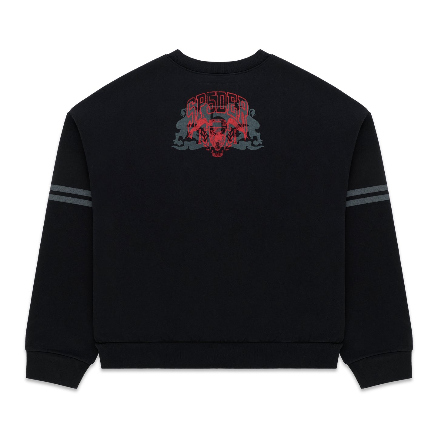 ARANEA CREWNECK: Black oversized sweatshirt with red and grey graphic print on back, grey stripes on sleeves.