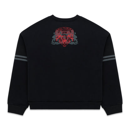 ARANEA CREWNECK: Black oversized sweatshirt with red and grey graphic print on back, grey stripes on sleeves.