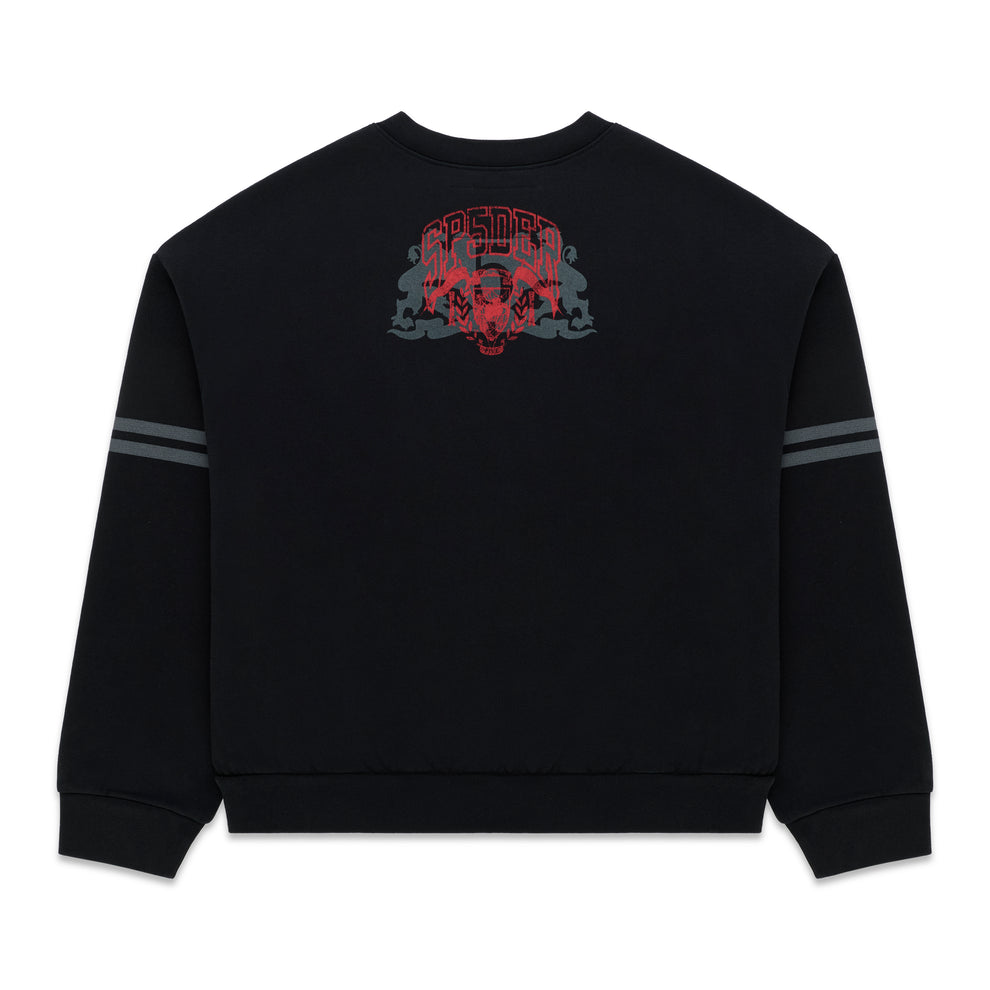 ARANEA CREWNECK: Black oversized sweatshirt with red and grey graphic print on back, grey stripes on sleeves.