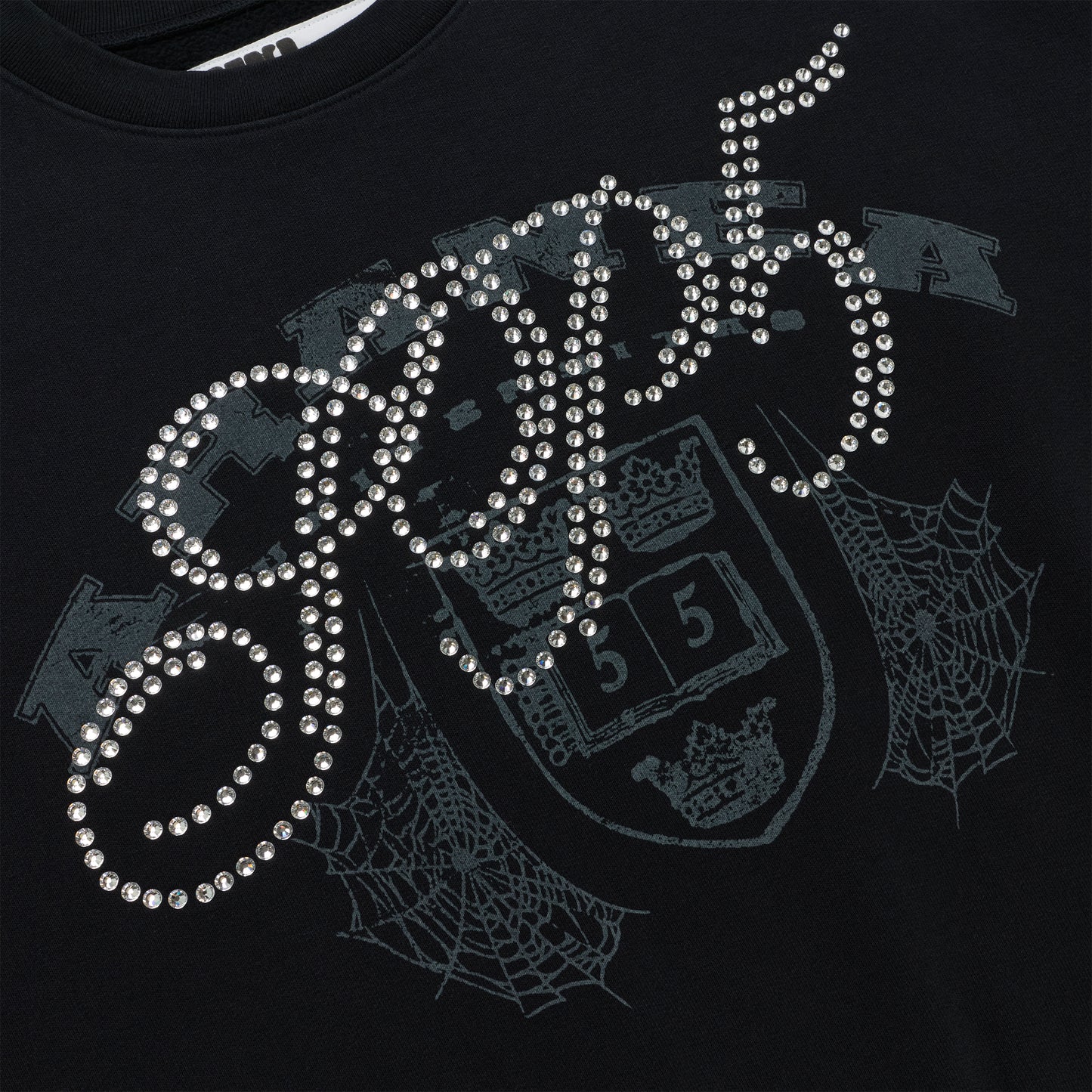 Black ARANEA CREWNECK with "ARANEA" in sparkling rhinestones over a dark grey crest and spiderweb graphic.