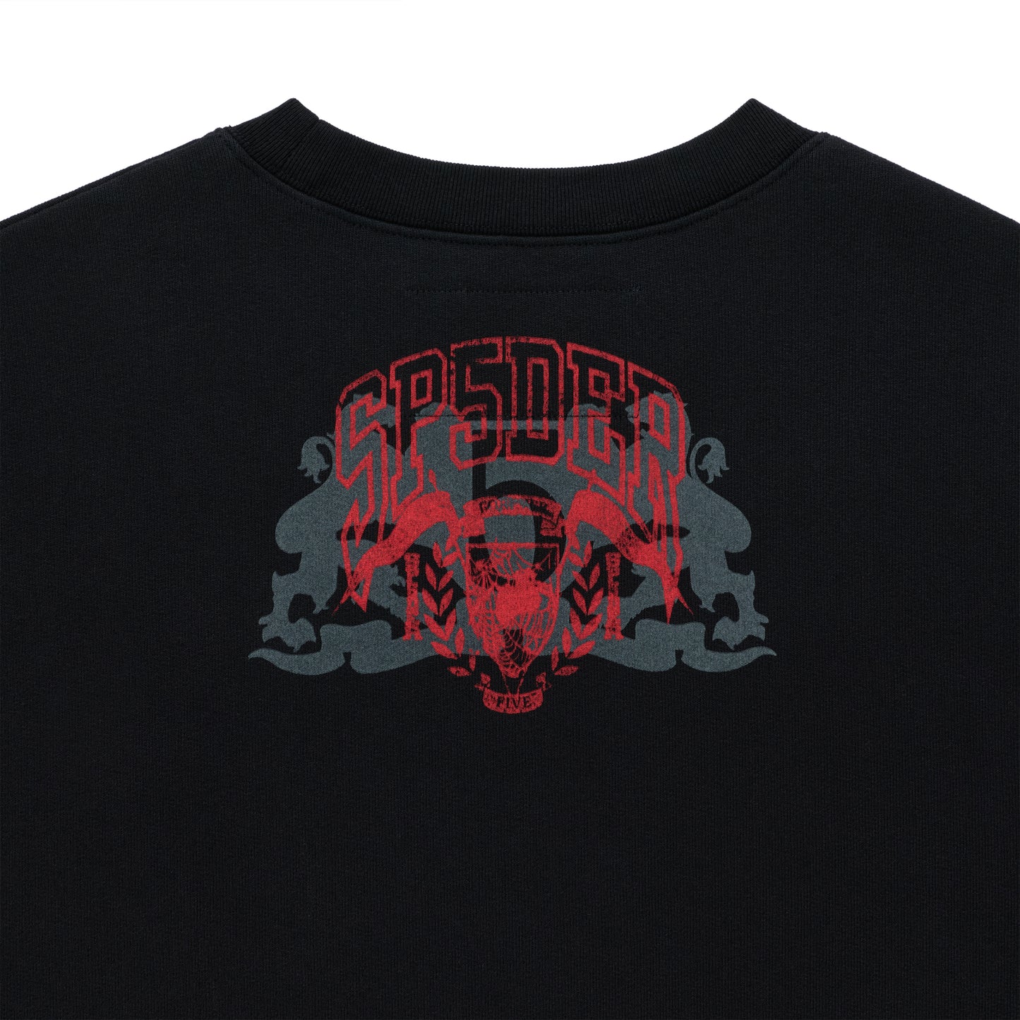 Black ARANEA CREWNECK with a distressed red and gray graphic print on the back.