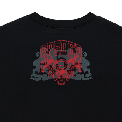 Black ARANEA CREWNECK with a distressed red and gray graphic print on the back.