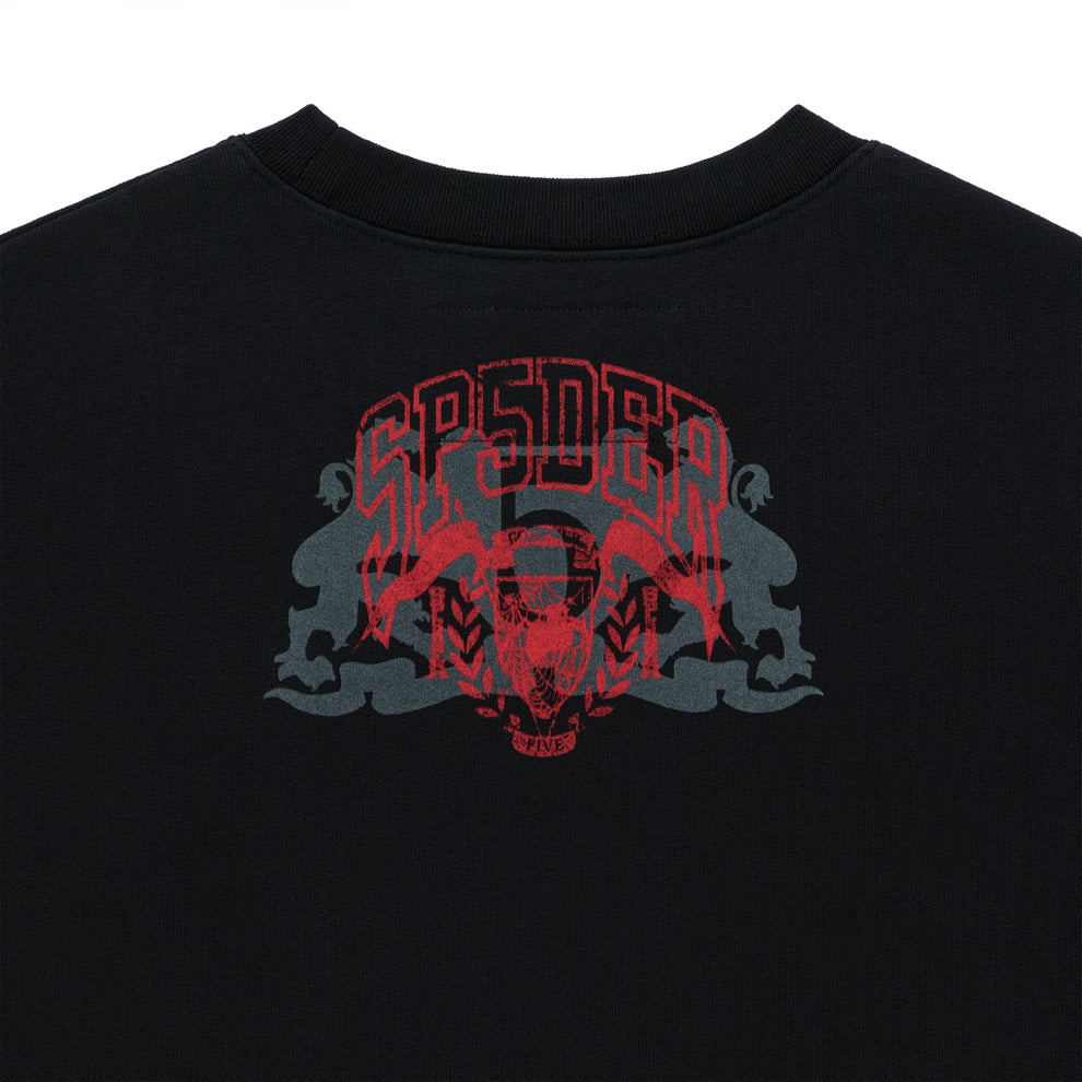 Black ARANEA CREWNECK with a distressed red and gray graphic print on the back.