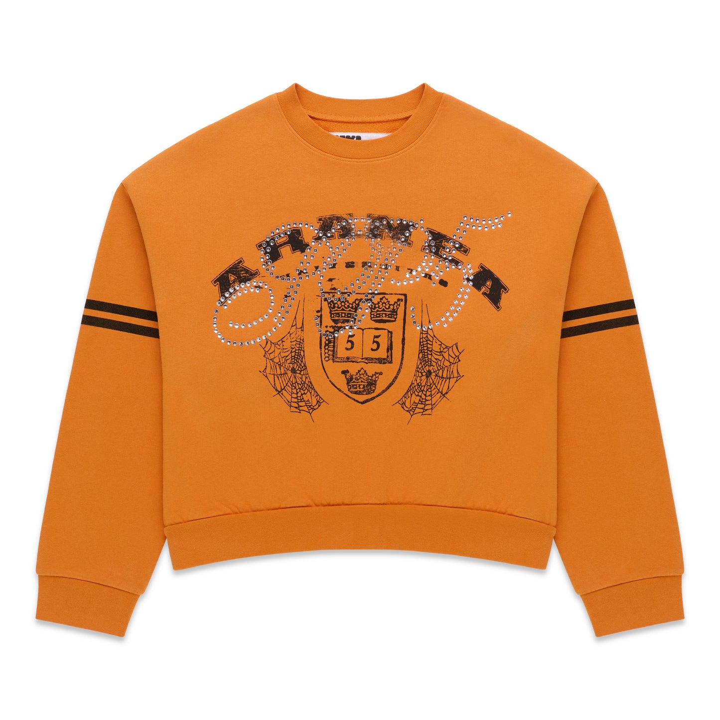 Orange ARANEA CREWNECK sweatshirt with black stripes on sleeves and rhinestone-embellished graphic.