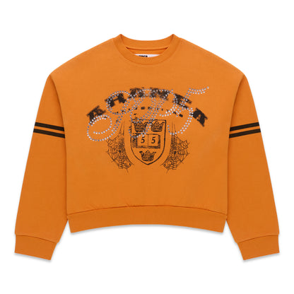 Orange ARANEA CREWNECK sweatshirt with black stripes on sleeves and rhinestone-embellished graphic.