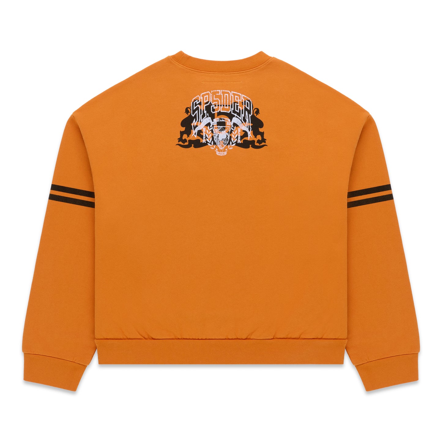 Orange ARANEA CREWNECK with black sleeve stripes and a white, black, and orange spider graphic on the back.