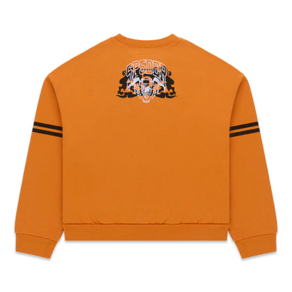 Orange ARANEA CREWNECK with black sleeve stripes and a white, black, and orange spider graphic on the back.