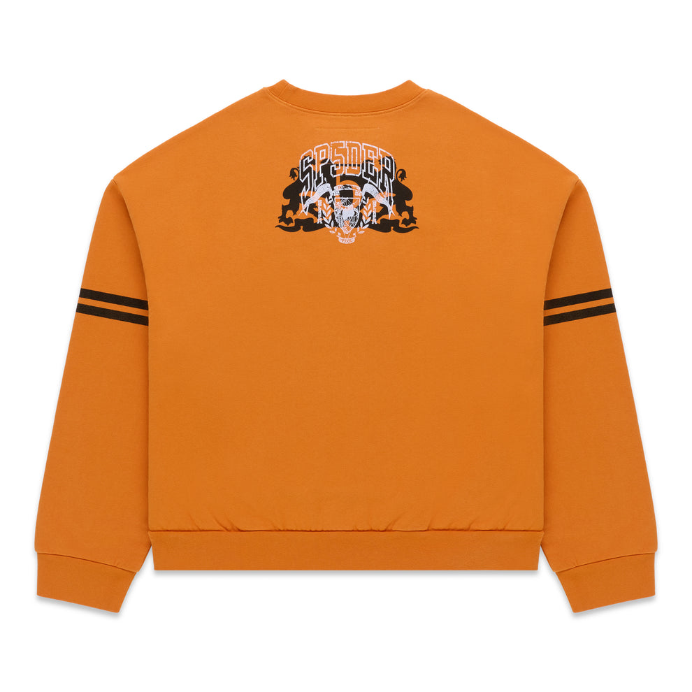Orange ARANEA CREWNECK with black sleeve stripes and a white, black, and orange spider graphic on the back.