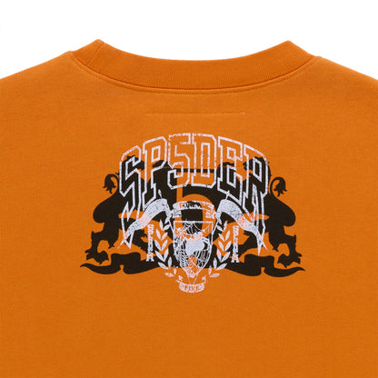 Orange ARANEA CREWNECK with a large black and white graphic print featuring "SP5DER" text and a spider emblem.