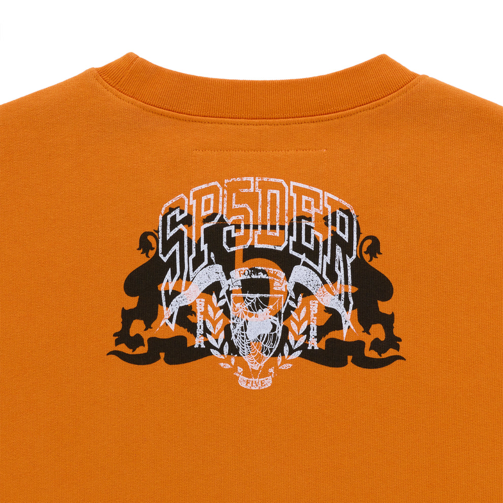 Orange ARANEA CREWNECK with a large black and white graphic print featuring "SP5DER" text and a spider emblem.