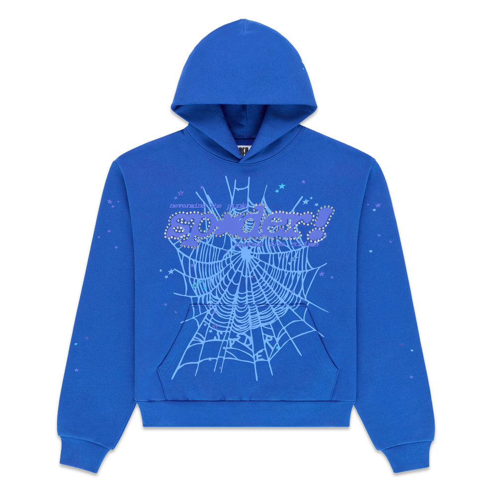 Blue RHINESTONE PUNK V2 HOODIE with "SPIDER!" text, spiderweb, and star rhinestones.