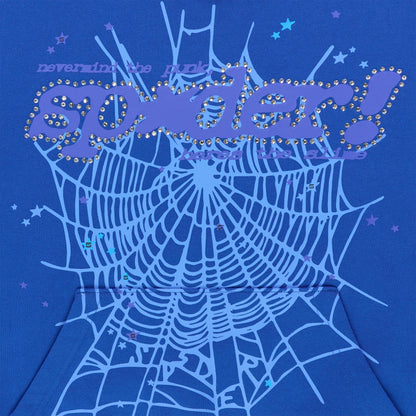 Blue hoodie with "SPIDER" in purple rhinestones over a large spiderweb graphic.