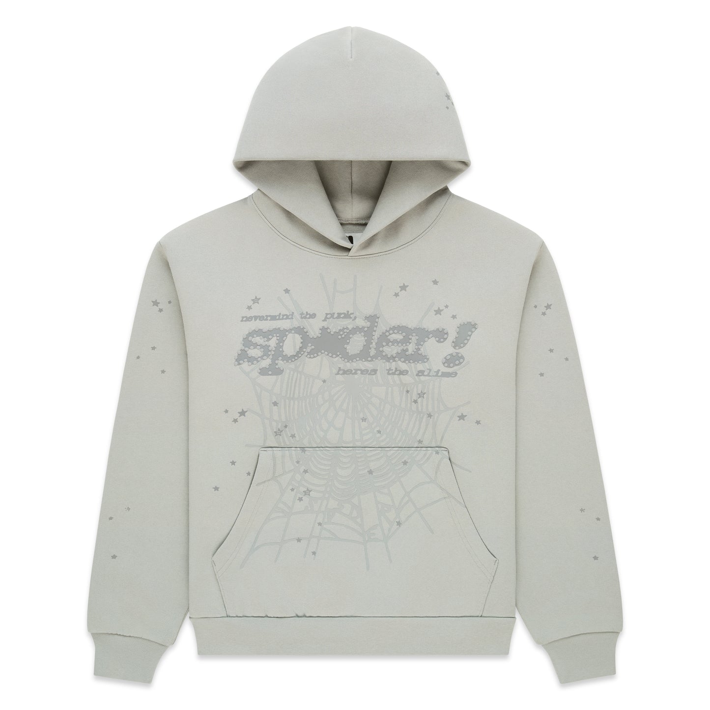 Light gray TONAL PUNK V2 HOODIE with puff print "spider!" motif, web, and scattered stars.