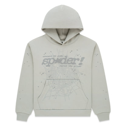 Light gray TONAL PUNK V2 HOODIE with puff print "spider!" motif, web, and scattered stars.
