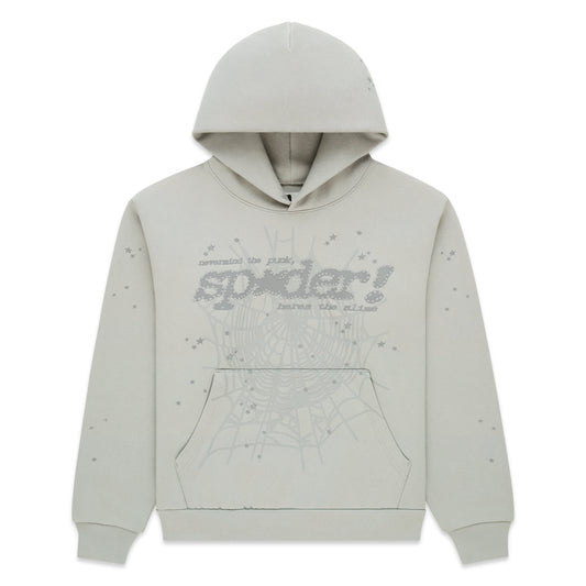 Light gray TONAL PUNK V2 HOODIE with puff print "spider!" motif, web, and scattered stars.