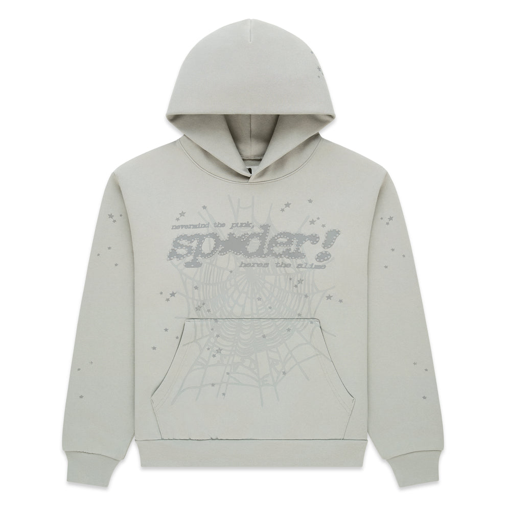 Light gray TONAL PUNK V2 HOODIE with puff print "spider!" motif, web, and scattered stars.