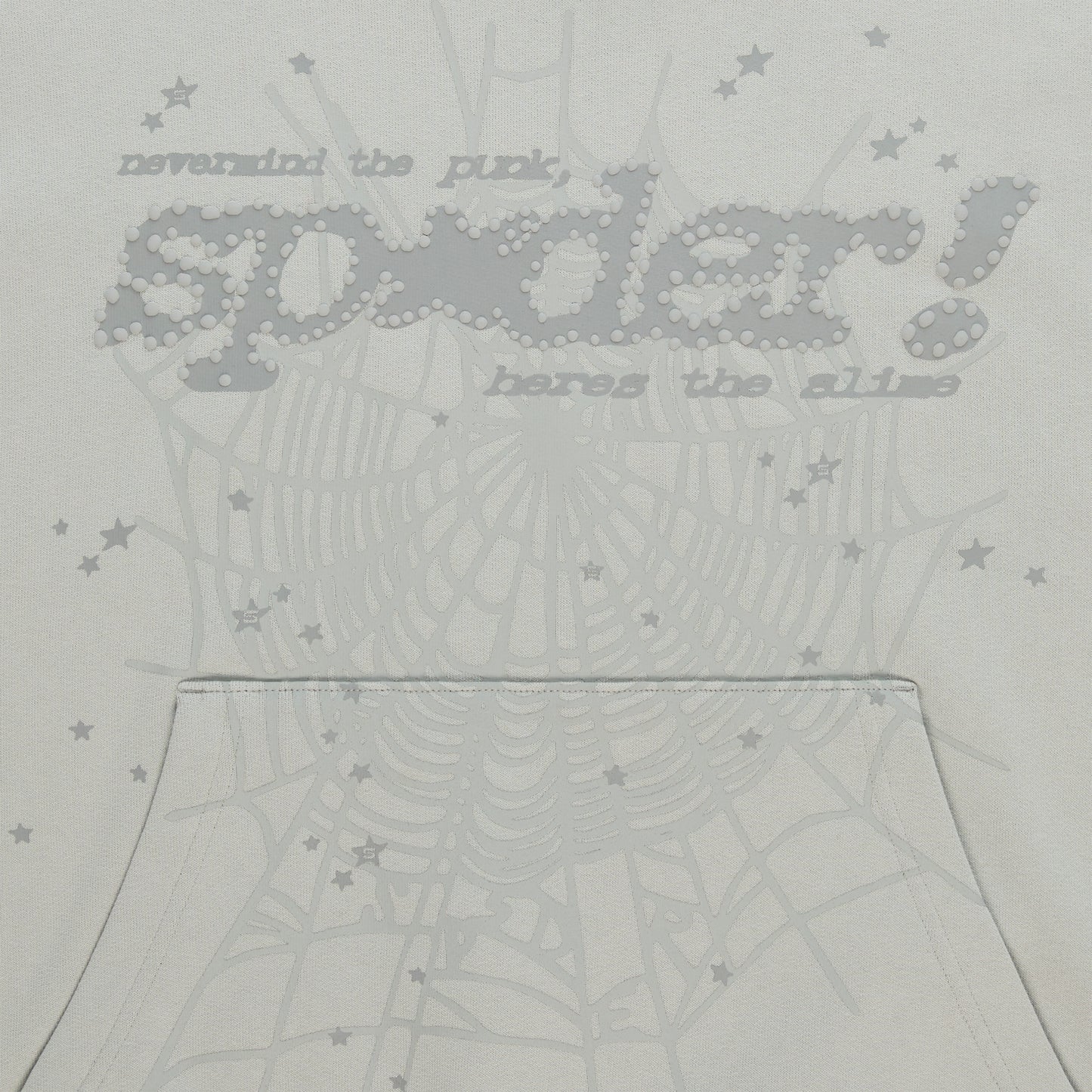 Light grey cotton fleece hoodie with "SP5DER!" puff print, spider web, and scattered star designs.