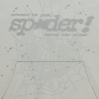 Light grey cotton fleece hoodie with "SP5DER!" puff print, spider web, and scattered star designs.