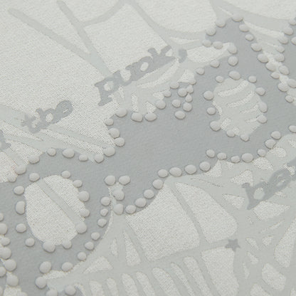 Close-up of a white cotton fleece hoodie with gray puff print "Punk" text and spider web design.