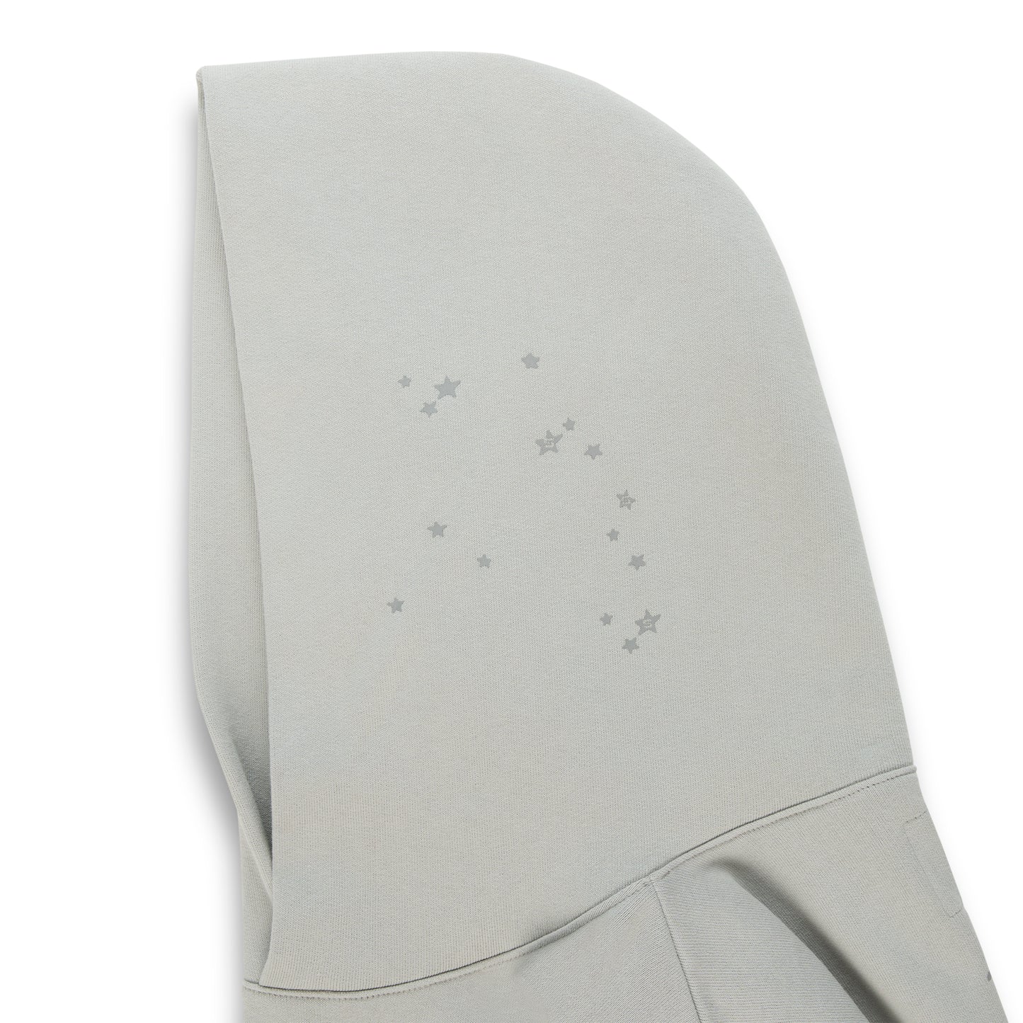 Light gray cotton fleece hoodie with subtle scattered star print on the hood.