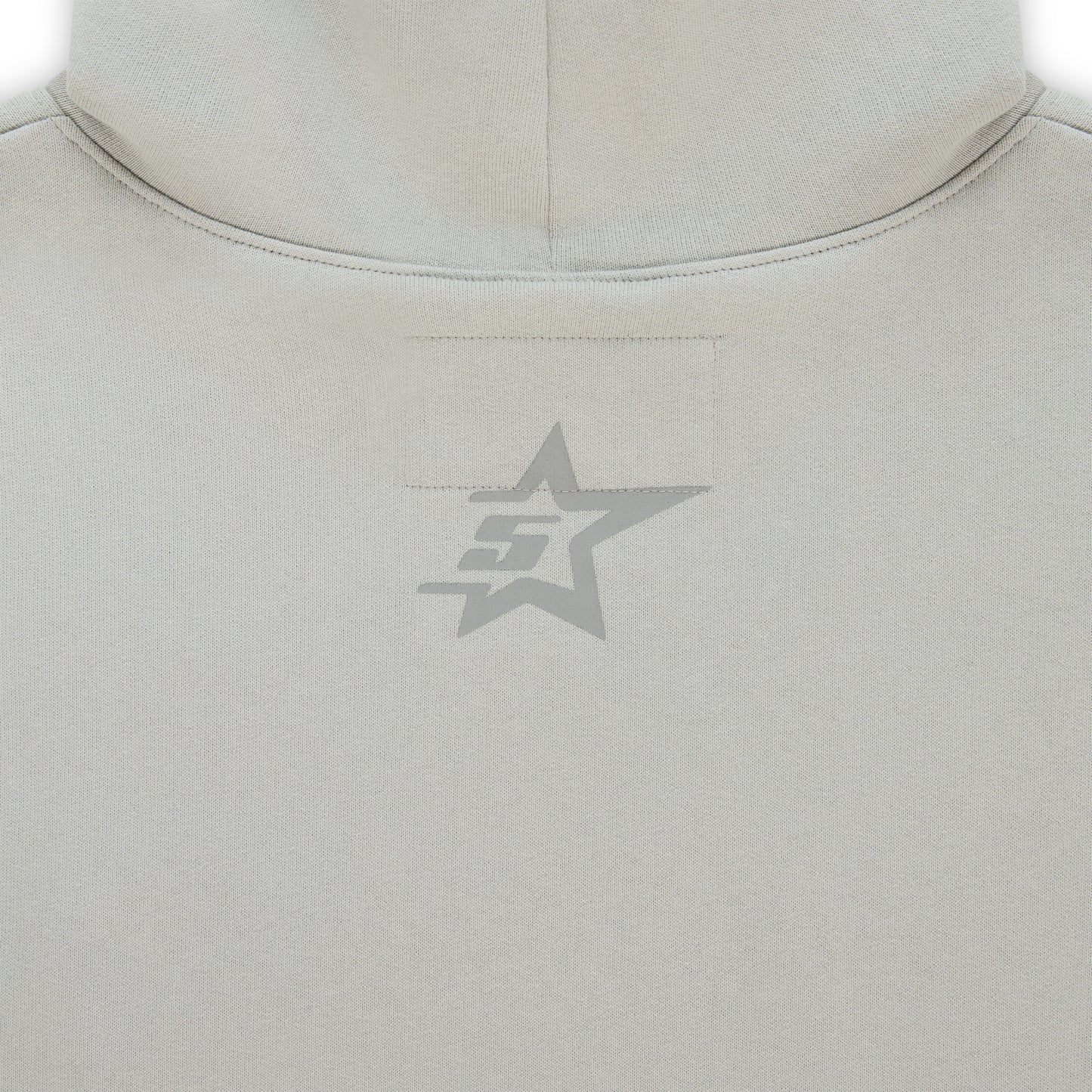 Light grey cotton fleece hoodie with a subtle grey star and "SP5DER" graphic on the back.