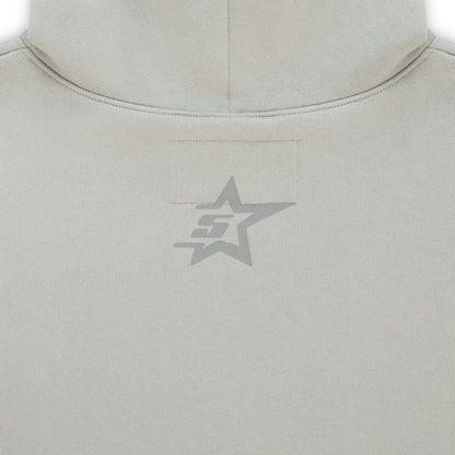 Light grey cotton fleece hoodie with a subtle grey star and "SP5DER" graphic on the back.