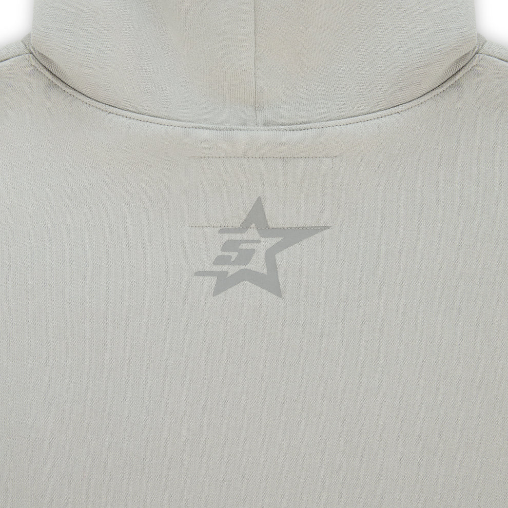 Light grey cotton fleece hoodie with a subtle grey star and "SP5DER" graphic on the back.