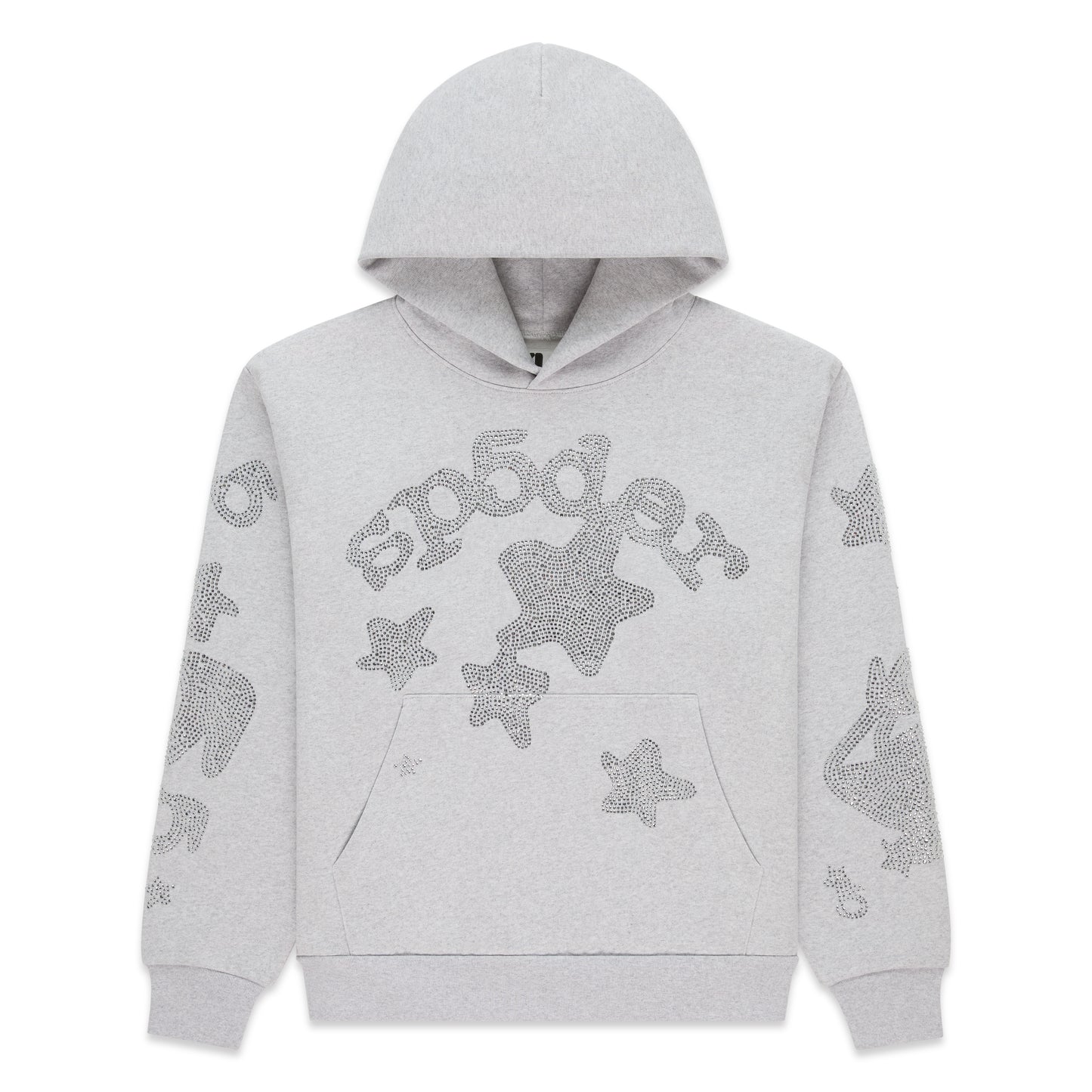Light gray cotton fleece hoodie with rhinestone 'SP5DER' and star design on front and sleeves, kangaroo pocket.