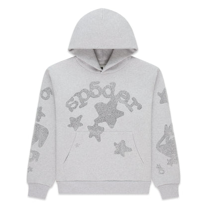 Light gray cotton fleece hoodie with rhinestone 'SP5DER' and star design on front and sleeves, kangaroo pocket.