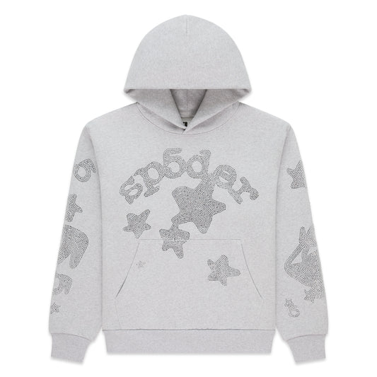 Light gray cotton fleece hoodie with rhinestone 'SP5DER' and star design on front and sleeves, kangaroo pocket.