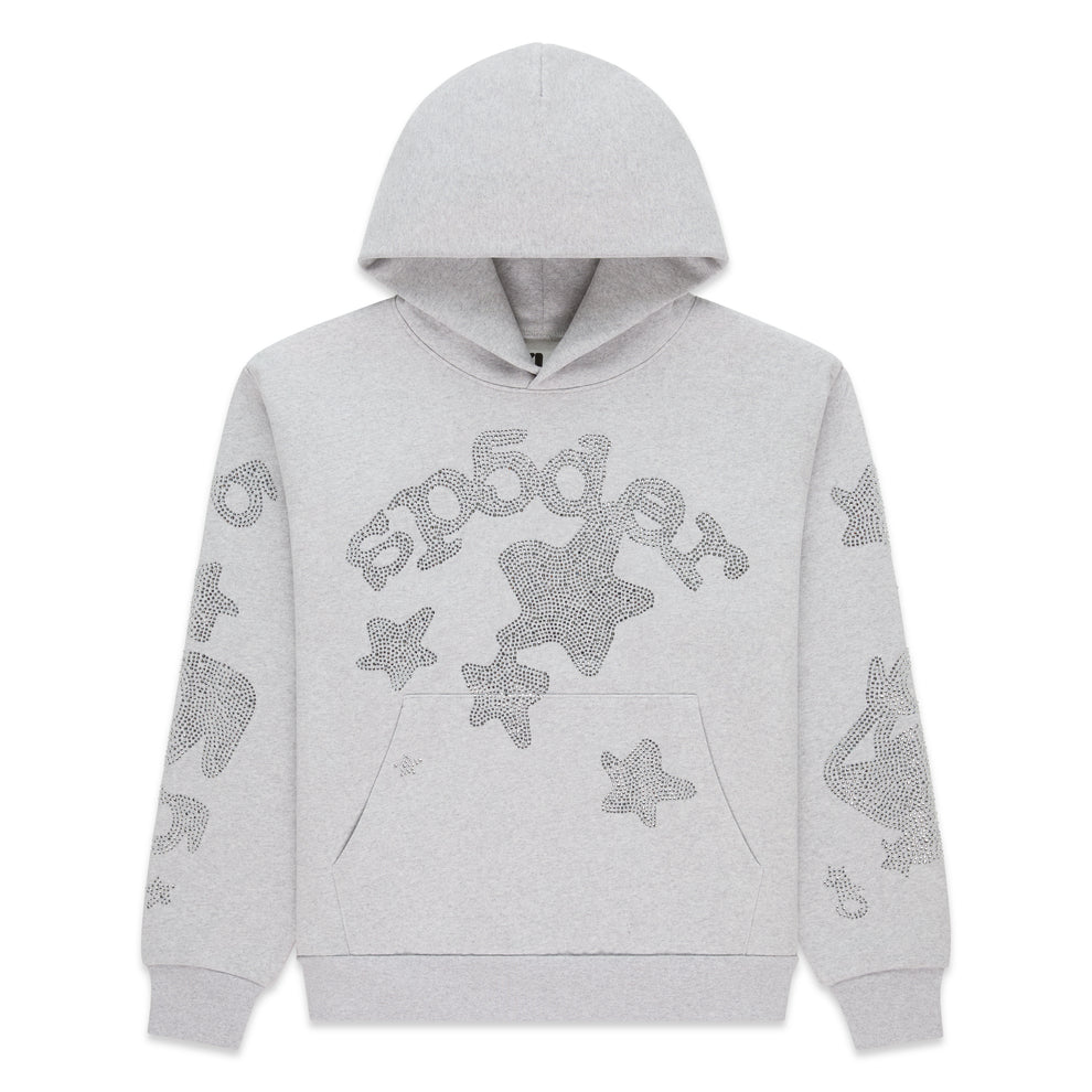 Light gray cotton fleece hoodie with rhinestone 'SP5DER' and star design on front and sleeves, kangaroo pocket.