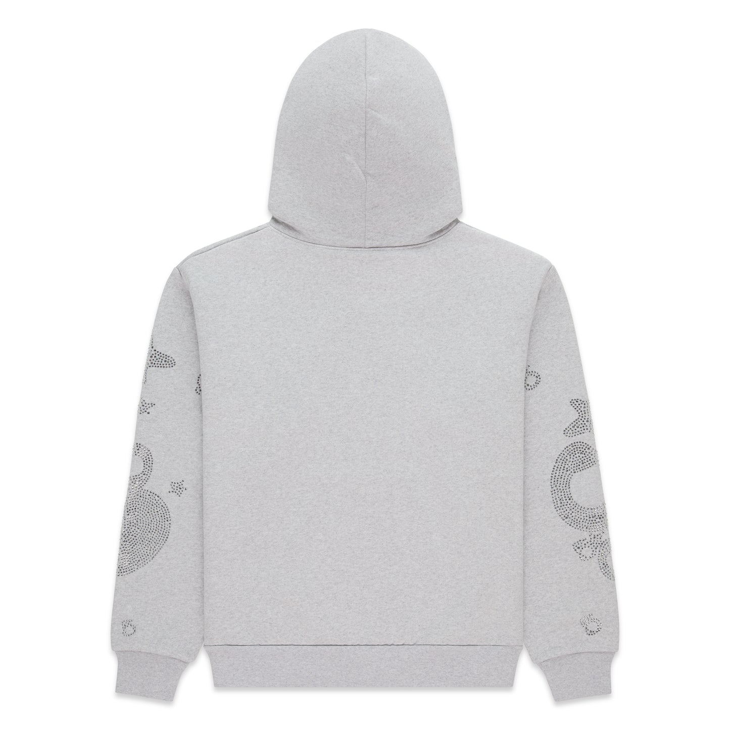 Light gray cotton fleece hoodie with rhinestone 'SP5DER' and star design on sleeves, rib knit hem and cuffs.