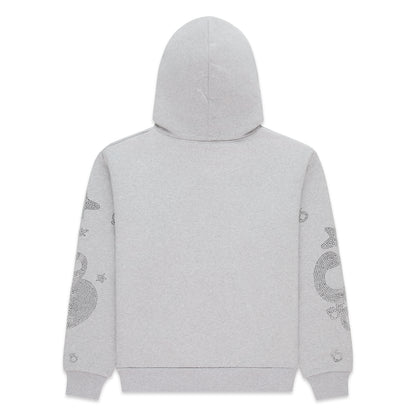 Light gray cotton fleece hoodie with rhinestone 'SP5DER' and star design on sleeves, rib knit hem and cuffs.