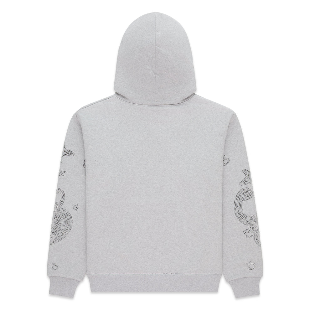 Light gray cotton fleece hoodie with rhinestone 'SP5DER' and star design on sleeves, rib knit hem and cuffs.