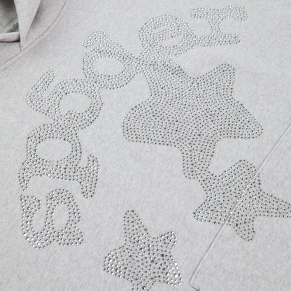 Light grey cotton fleece hoodie with rhinestone "SP5DER" text and star design.
