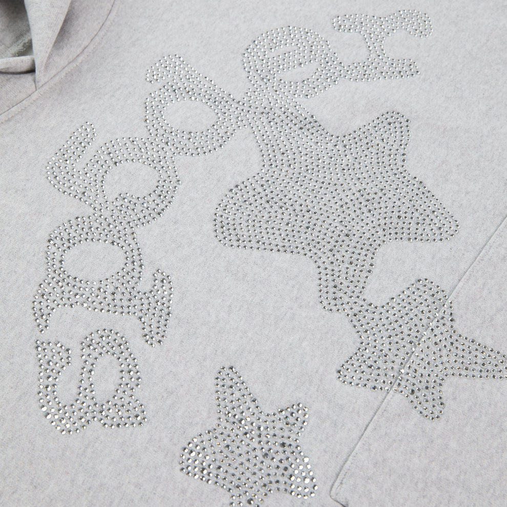 Light grey cotton fleece hoodie with rhinestone "SP5DER" text and star design.