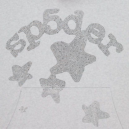 Light grey cotton fleece hoodie with rhinestone "SP5DER" and star design, plus a kangaroo pocket.