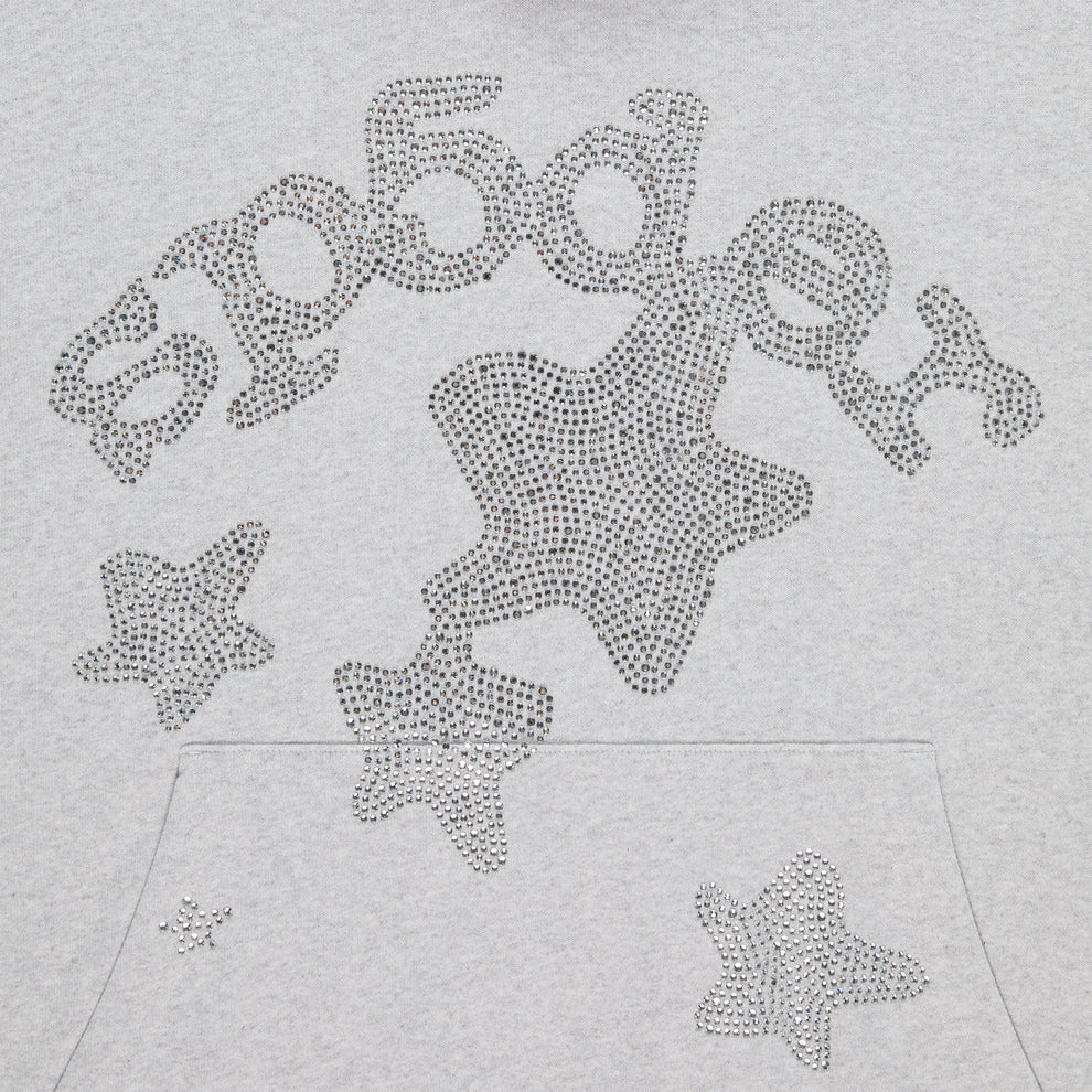 Light grey cotton fleece hoodie with rhinestone "SP5DER" and star design, plus a kangaroo pocket.