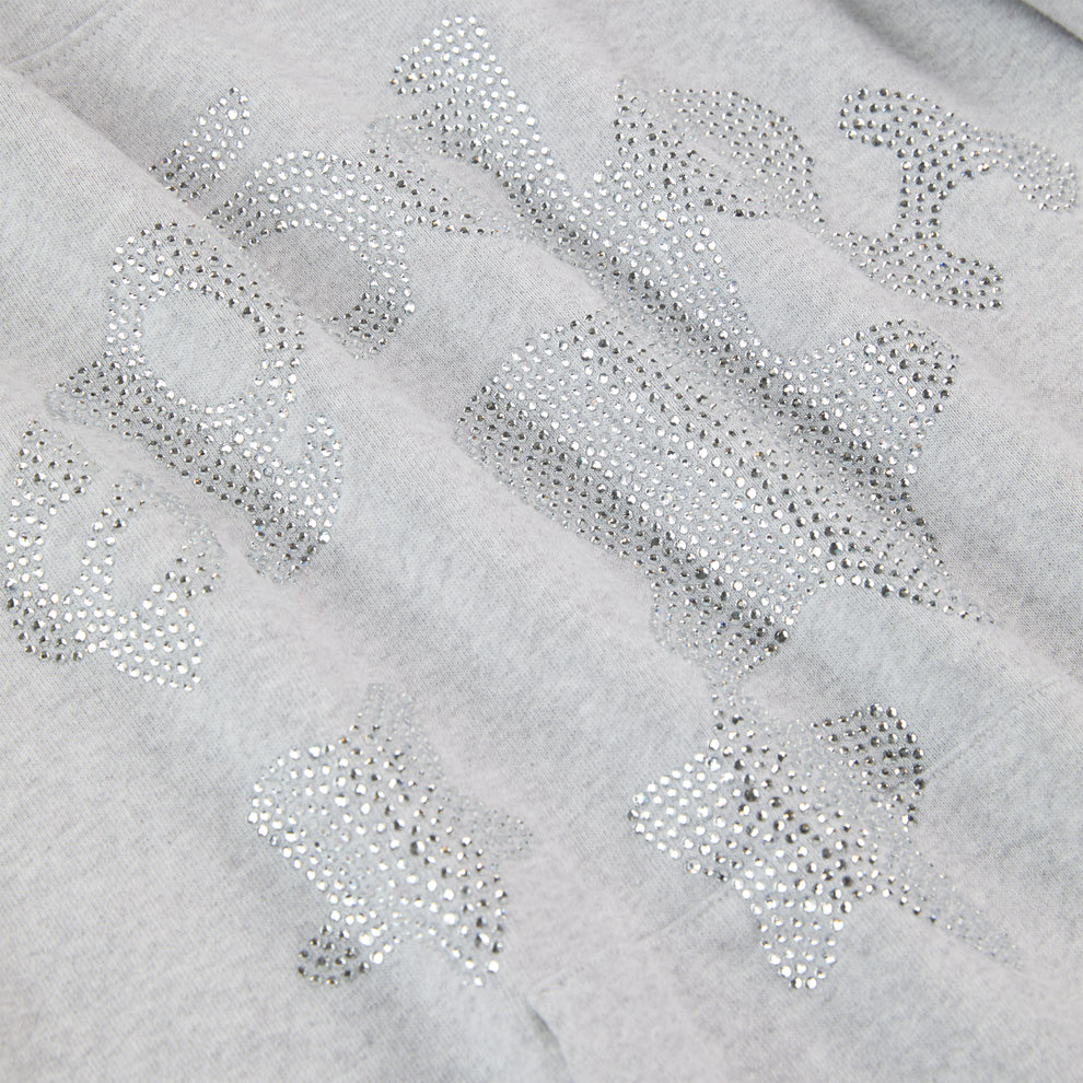 Gray 100% cotton fleece hoodie with rhinestone "SP5DER" text and star embellishments.