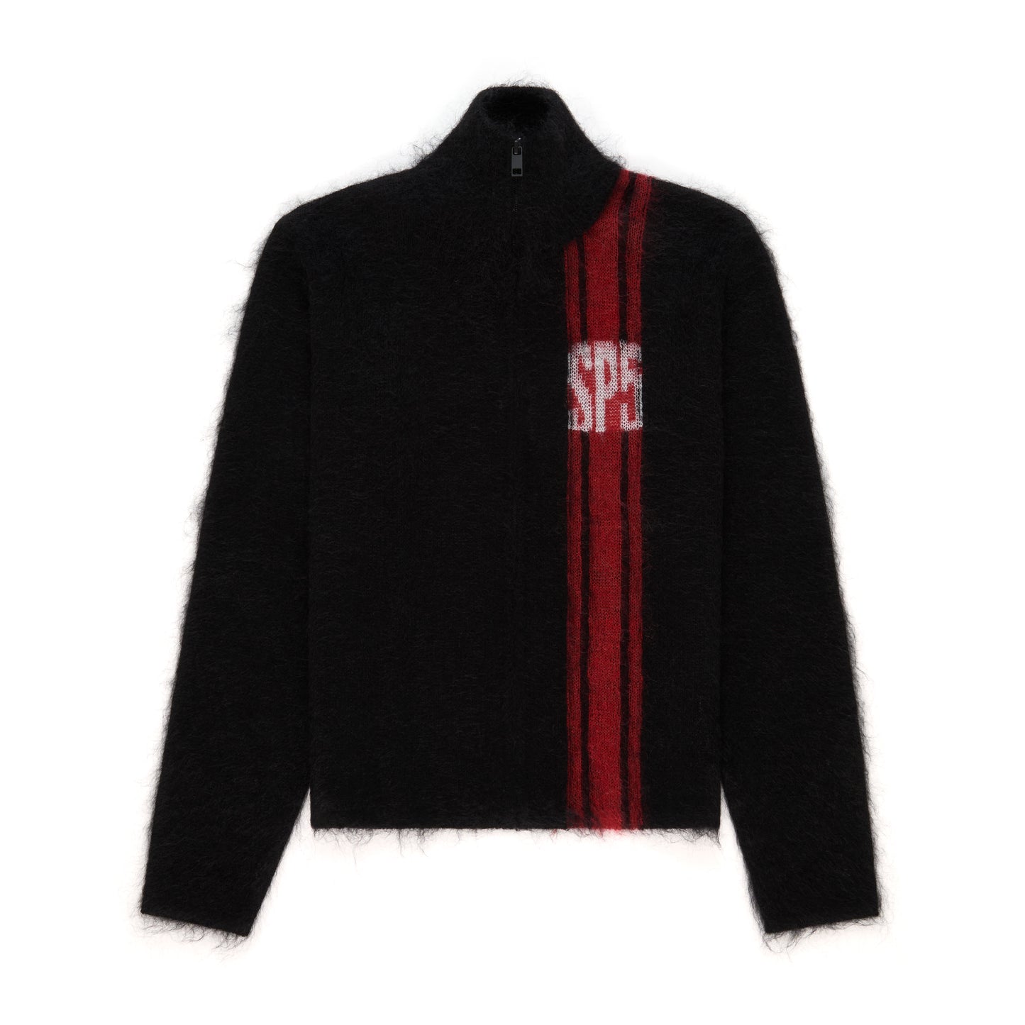 Black mohair knit zip sweater with red vertical stripes and "SP5" logo.