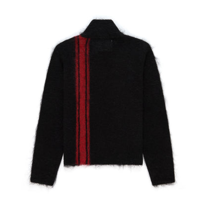 Black mohair knit zip sweater with a red vertical stripe and stand collar.