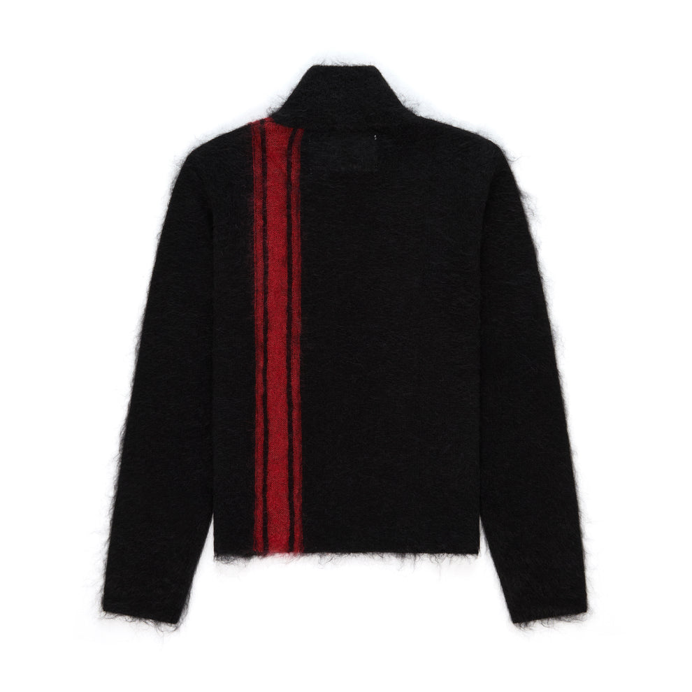 Black mohair knit zip sweater with a red vertical stripe and stand collar.